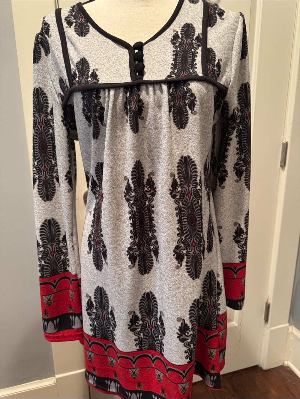 Together Gray dress with Black Medallion Print & Red Border